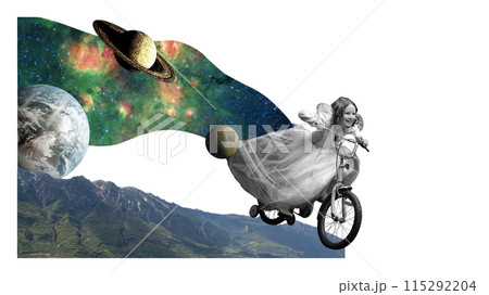 Contemporary artwork. Summer of Dreams. Young girl in vintage gown rides bike, soaring through surreal landscape, blends earthly and cosmic elements. Contemporary artwork. Summer of Dreams. Young girl in vintage gown rides bike, soaring through surreal landscape, blends earthly and cosmic elements. 115292204