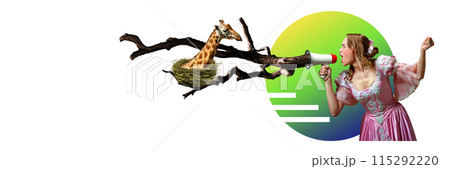 Contemporary art collage. Woman in vintage gown uses megaphone attached to tree to communicate with giraffe nestled in bird's nest. 115292220