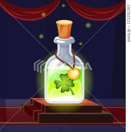 Magic potion. Elixir bottle. Lucky drink. Shamrock leaf. Glass vial on pedestal. Wizard alchemy lab. Fantasy fortune beverage jar. Game asset. Green substance. Vector witchcraft shiny phial with cork Magic potion. Elixir bottle. Lucky drink. Shamrock leaf. Glass vial on pedestal. Wizard alchemy lab. Fantasy fortune beverage jar. Game asset. Green substance. Vector witchcraft shiny phial with cork 115292261