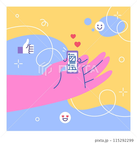 Hand hold phone. Huge arm and tiny smartphone, doodle style contemporary illustration, modern technology, application advertising. Banner or poster for online marketing. Vector cartoon illustration 115292299