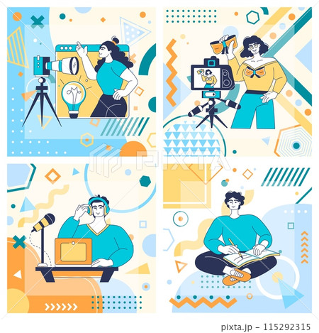 Creative geometric cards. People create social media content. Woman recording podcast or video. Man planning blog post. Graphic designer. Photo camera. Abstract Memphis flat shapes. Vector banners set 115292315