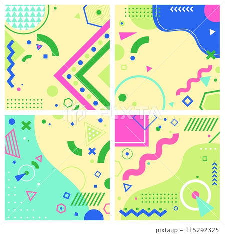 Geometric background. Minimalistic square backdrop. Social media post template. Pattern design with different geometry, abstract modern collection. Simple graphic card. Vector illustration trendy set Geometric background. Minimalistic square backdrop. Social media post template. Pattern design with different geometry, abstract modern collection. Simple graphic card. Vector illustration trendy set 115292325