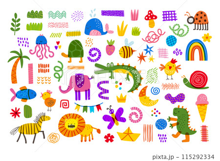 Animal childish. Cute doodle character, figure abstract, icon fun, children shape. Monster, bird and elephant, cartoon zebra and crocodile. Baby nursery. Funny happy creature. Vector art design set Animal childish. Cute doodle character, figure abstract, icon fun, children shape. Monster, bird and elephant, cartoon zebra and crocodile. Baby nursery. Funny happy creature. Vector art design set 115292334