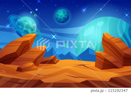 Space game background. Alien planets in starry sky. Cartoon landscape. UI animation. Fantasy world. Galaxy scene. fantastic desert land. Stars and comets. Arcade scenery. Vector garish universe design Space game background. Alien planets in starry sky. Cartoon landscape. UI animation. Fantasy world. Galaxy scene. fantastic desert land. Stars and comets. Arcade scenery. Vector garish universe design 115292347