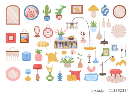 Home decoration. House interior. Room hygge design. Picture or mirror frame. Plant in pot. Flowers vase. Cartoon flat bookcase. Modern lamp. Cozy pillows. Vector garish apartment decor elements set 115292354