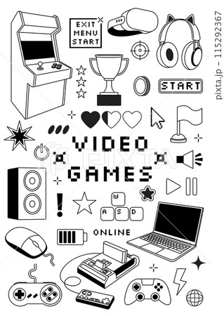 Game video icons. Retro arcade poster design. Doodle illustration. Outline console. Control joystick. White laptop. Computer playing. Sketch gadget. Gamers elements set. Vector technology fun simple Game video icons. Retro arcade poster design. Doodle illustration. Outline console. Control joystick. White laptop. Computer playing. Sketch gadget. Gamers elements set. Vector technology fun simple 115292367