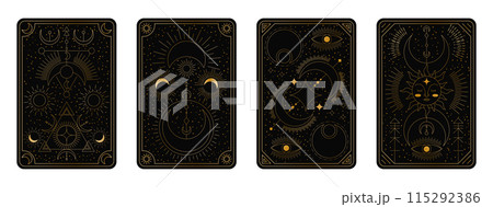 Tarot card. Frame, eye magic, esoteric design illustration. Moon and sun mystic. Pattern poster astrology. Boho gold isolated elements on black background. Line alchemy tattoo. Vector garish set 115292386