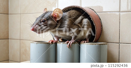 Close-up of a rat entering the human habitat from the sewer system - ai generated image 115292436