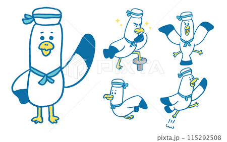 青い線で描いた面白くかわいいカモメの水平さん 115292508