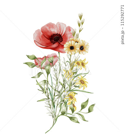 Watercolor poppy bouquet. Wildflowers arrangement purple and red poppy flowers with herbs. Summer floral composition 115292771