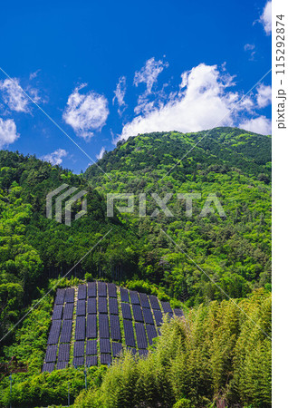 新緑の山と太陽光パネル 新緑の山と太陽光パネル 115292874