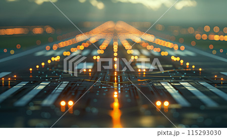 The runway in airport in the night. Shiny blurred lights of airplane jet aircraft or airplane. Tourism travel aviation or military fighter plane. 115293030