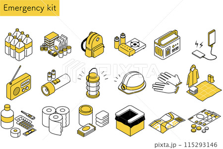 防災グッズのシンプルな線画、アイソメトリックイラストセット 防災グッズのシンプルな線画、アイソメトリックイラストセット 115293146