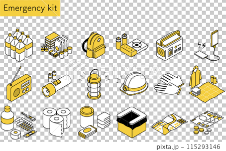 簡單的線條畫、防災用品等距插圖集 115293146