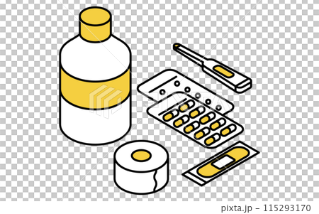 Disaster prevention goods, first aid supplies set simple line drawing, isometric illustration Disaster prevention goods, first aid supplies set simple line drawing, isometric illustration 115293170