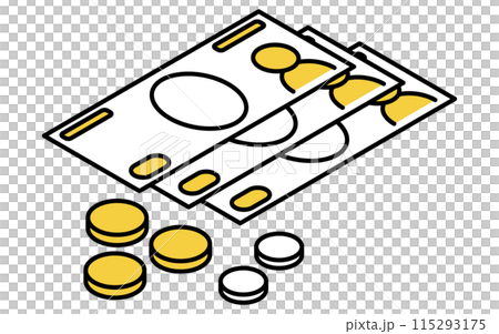 防災用品、現金(紙幣和硬幣)的簡單線條圖、等距插圖 防災用品、現金(紙幣和硬幣)的簡單線條圖、等距插圖 115293175
