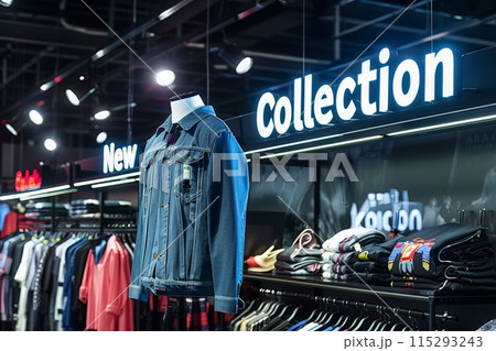 A mannequin wearing a denim jacket stands in front of a clothing display in a boutique. The store is well-lit and features a sign that reads Collection. 115293243