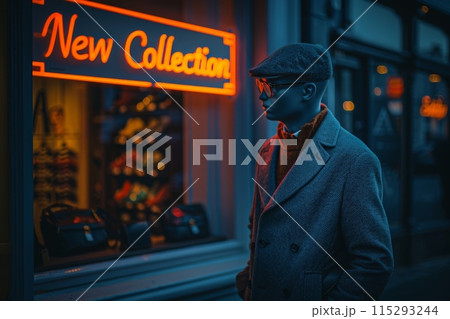 A mannequin in a trendy coat and cap stands outside a boutique window, illuminated by a New Collection sign. 115293244