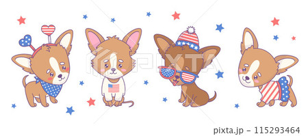 Collection festive Chihuahua dogs wearing clothes, accessories and glasses in colors of American flag. Independence Day 4th july. Isolated cartoon funny kawaii animal characters. Vector illustration. 115293464