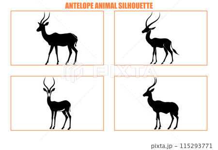 Set of antelope animal sihouette and illustration, Black silhouette of an antelope on a white background 115293771