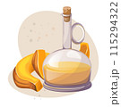 A vector image of a vessel with vegetable oil and several pumpkin slices, indicating that this oil is ideal for cooking pumpkin, or is itself pumpkin oil. EPS 10 115294322