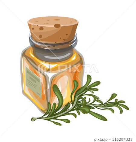 Vector image of a vessel with vegetable oil and a sprig of marinade, as piquant complementary to each other. EPS 10 Vector image of a vessel with vegetable oil and a sprig of marinade, as piquant complementary to each other. EPS 10 115294323