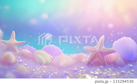 貝やヒトデやなどの　海の中の風景　キラキラしたパステルカラー 115294530