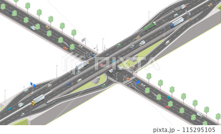 アイソメトリック図法で描いた道路の立体交差とランプウェイのイメージ（無地） 115295105