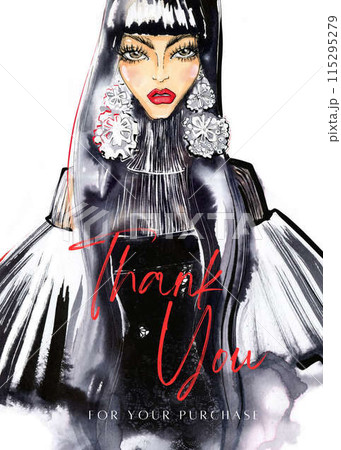 Thank you card with watercolor woman. Fashion illustration 115295279
