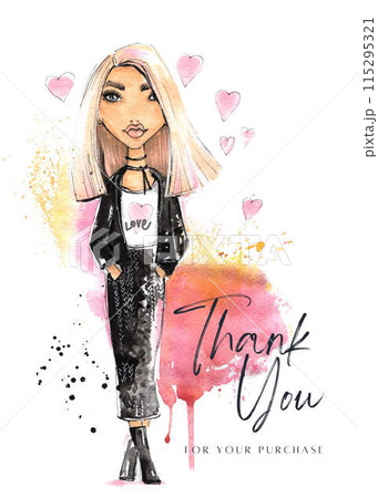Thank you card with watercolor woman. Fashion illustration Thank you card with watercolor woman. Fashion illustration 115295321