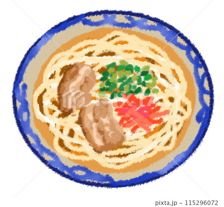 青い模様の丼に入った沖縄の麺料理のソーキそば 115296072