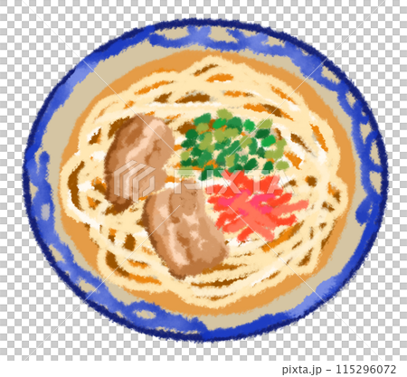 青い模様の丼に入った沖縄の麺料理のソーキそば 115296072