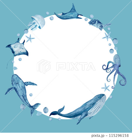 Watercolor high quality hand-drawn blue monochromatic sea creatures round frame on white. Blue whale, manta rays, starfish. Great for textile, cards, eco materials, voyage tickets, ads decor, design 115296158