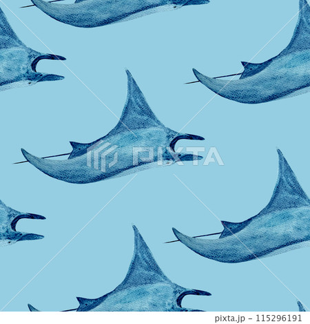 Manta ray watercolor seamless pattern on light blue background. High quality hand-drawn monochromatic illustration for notebooks, posters, wallpaper, textile, beach towel, wrapping paper, room decor 115296191