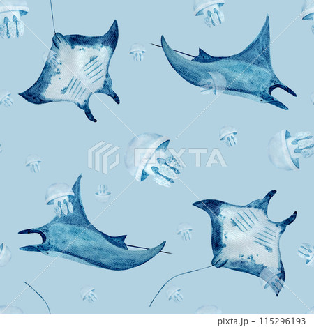 Manta ray and jellyfish watercolor seamless pattern on blue. High quality hand-drawn monochromatic illustration for notebooks, posters, wallpaper, textile, beach towel, wrapping paper and room decor Manta ray and jellyfish watercolor seamless pattern on blue. High quality hand-drawn monochromatic illustration for notebooks, posters, wallpaper, textile, beach towel, wrapping paper and room decor 115296193