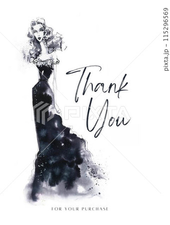 Thank you card with watercolor woman. Fashion illustration Thank you card with watercolor woman. Fashion illustration 115296569