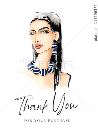 Thank you card with watercolor woman. Fashion illustration 115296576
