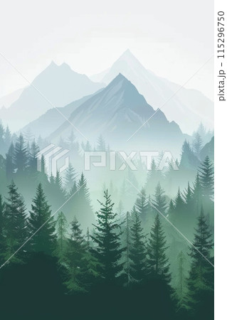 A minimalist landscape image featuring a misty mountain range with silhouetted pine trees in the foreground. The sky is a pale blue. 115296750