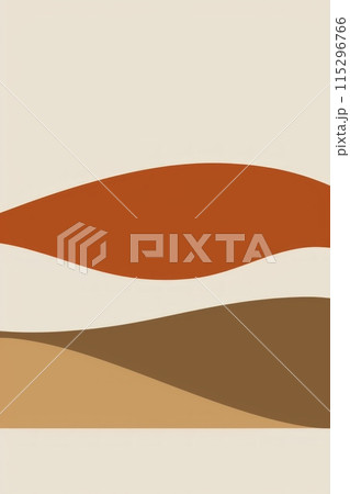 A simple, minimalist abstract landscape featuring a rust orange curve over a brown hill against a cream background. 115296766