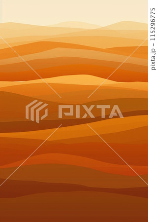 A minimalist illustration of a desert landscape with warm hues at sunset. The image features a gradient of orange and brown shades, creating a sense of depth and tranquility. 115296775