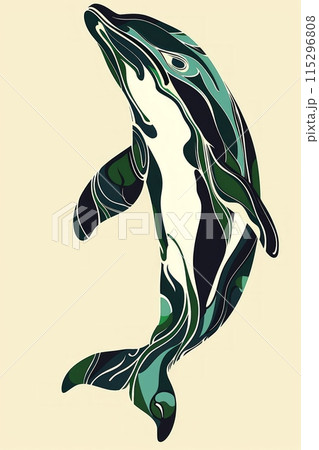 A stylized dolphin leaps through the oceans waves, its body a mesmerizing swirl of green and blue. 115296808