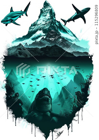 A minimalist, artistic illustration depicting a mountain peak rising above a serene underwater scene. Two sharks, one above and one below the surface, add a touch of mystery to the artwork. 115296809