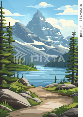 A picturesque mountain landscape with a clear blue lake, a winding trail, and tall, snow-capped peaks in the distance. 115296810