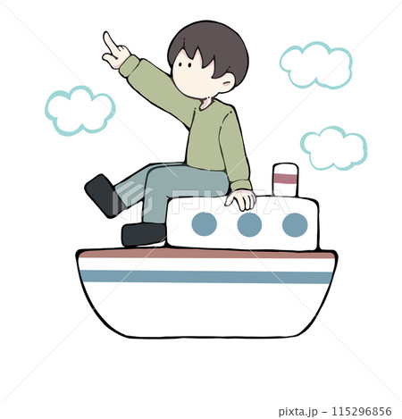 船の上に乗って指を指している男性(雲付き) 115296856