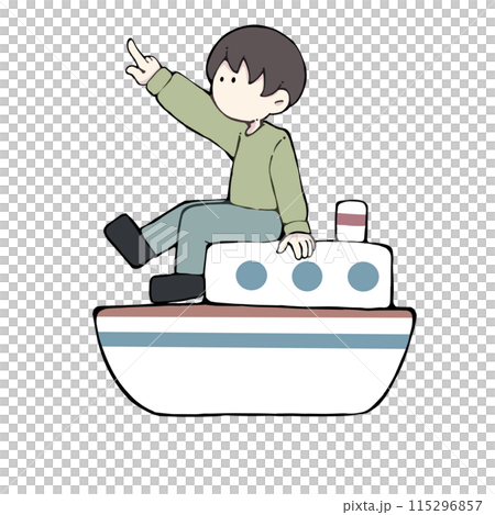 A man on a boat pointing A man on a boat pointing 115296857