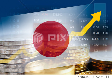 Japan flag with stock market finance, economy trend graph digital technology. Japan flag with stock market finance, economy trend graph digital technology. 115296911