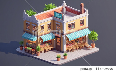 Illustrative representation of an isometric view of a freestanding building containing commercial and retail space in an urban environment - ai generated Illustrative representation of an isometric view of a freestanding building containing commercial and retail space in an urban environment - ai generated 115296950