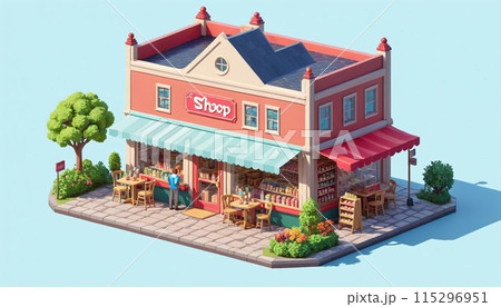 Illustrative representation of an isometric view of a freestanding building containing commercial and retail space in an urban environment - ai generated Illustrative representation of an isometric view of a freestanding building containing commercial and retail space in an urban environment - ai generated 115296951