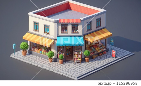 Illustrative representation of an isometric view of a freestanding building containing commercial and retail space in an urban environment - ai generated 115296958