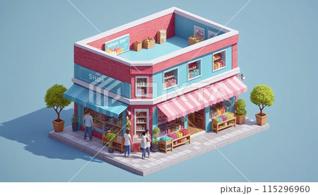 Illustrative representation of an isometric view of a freestanding building containing commercial and retail space in an urban environment - ai generated 115296960